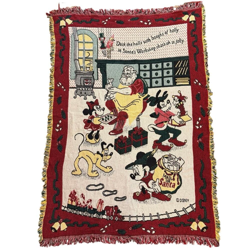 Vintage Disney Christmas Santa's Workshop Woven Tapestry Throw Blanket Fringed